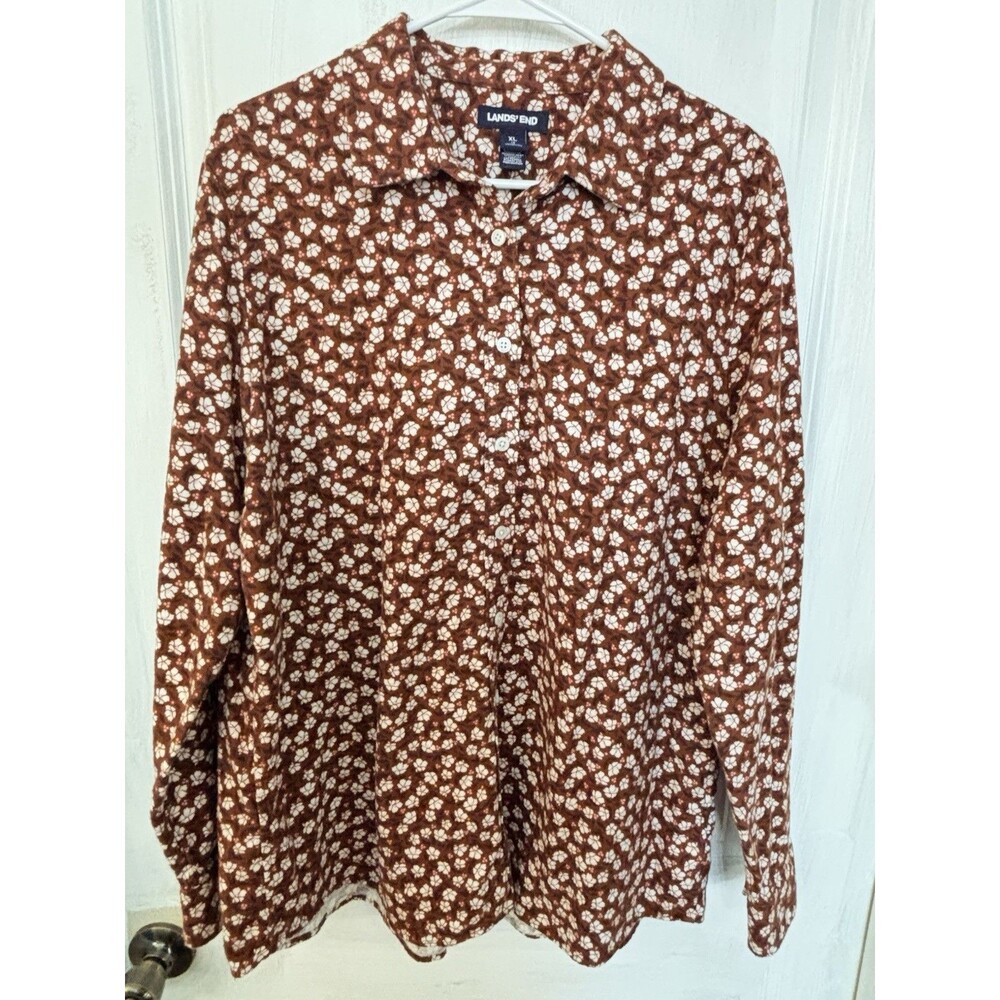 Lands’ End Womens XL Brown Pink Floral Button Front Shirt Long Sleeve Cottagecor